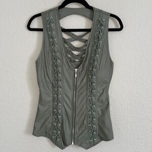 Womens Large Green Corset Top Lattice Baddie Biker Festival Indie Grunge Punk